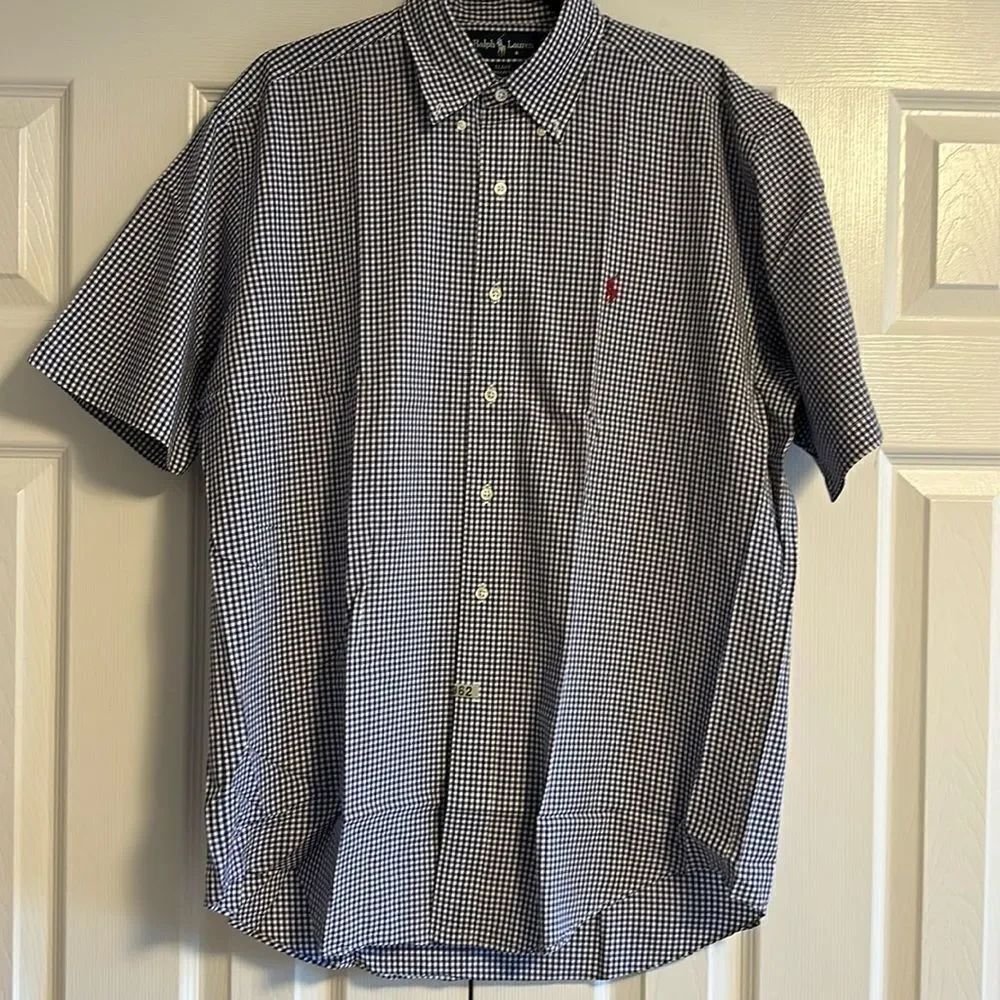 Ralph Lauren Men’s Navy Blue & White Check Short-sleeve Button Down Shirt - M